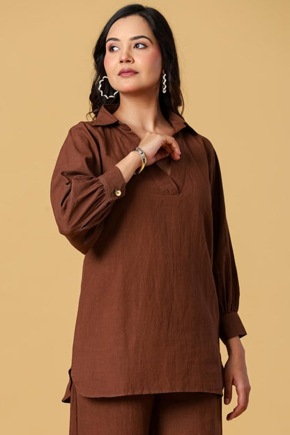 Brown Cotton Linen Tunic And Wide Leg Pants