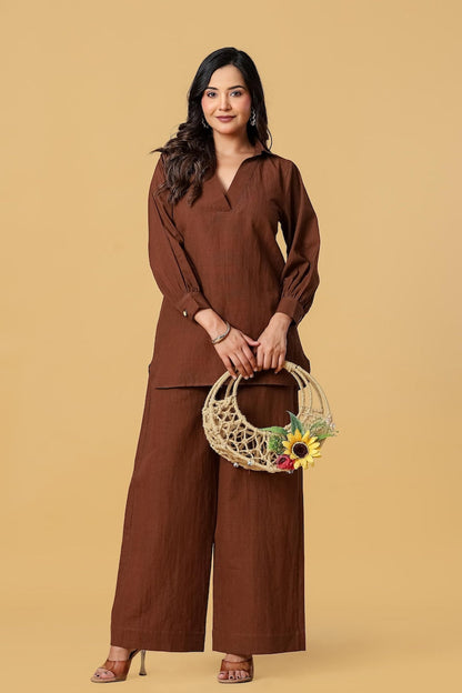Brown Cotton Linen Tunic And Wide Leg Pants