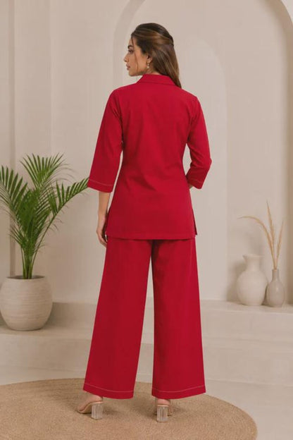 Red Cotton Co Ord Set With Abstract Print