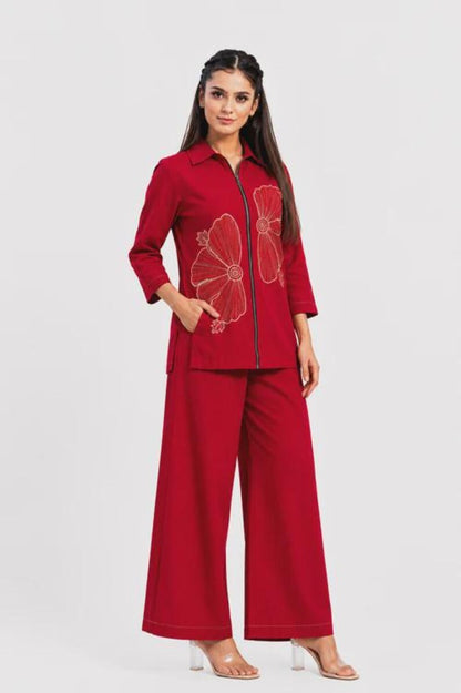 Red Cotton Co Ord Set With Abstract Print