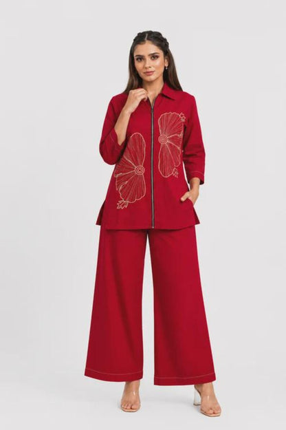 Red Cotton Co Ord Set With Abstract Print