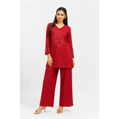 Wine Red Mal Cotton Co Ord Set With Floral Embroidery