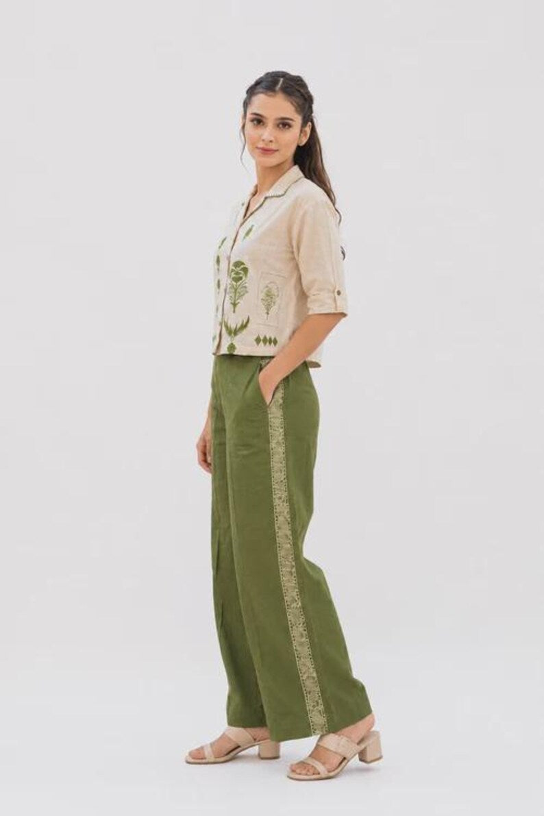 White Olive Linen Cotton Co Ord Set For Women