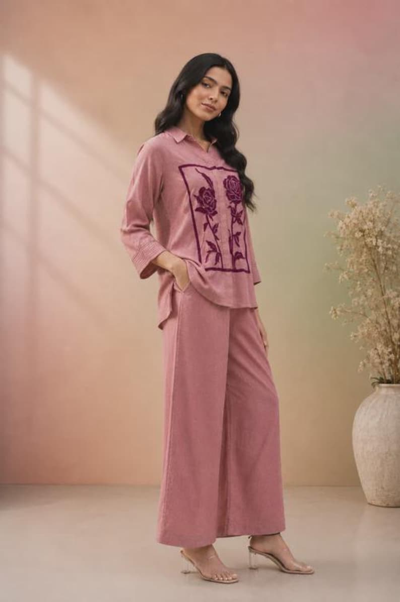 Onion Pink Jute Cotton Women Co Ord Set