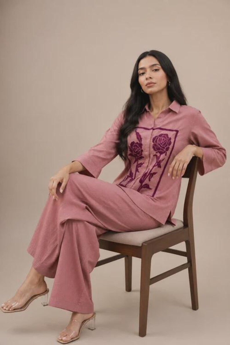 Onion Pink Jute Cotton Women Co Ord Set