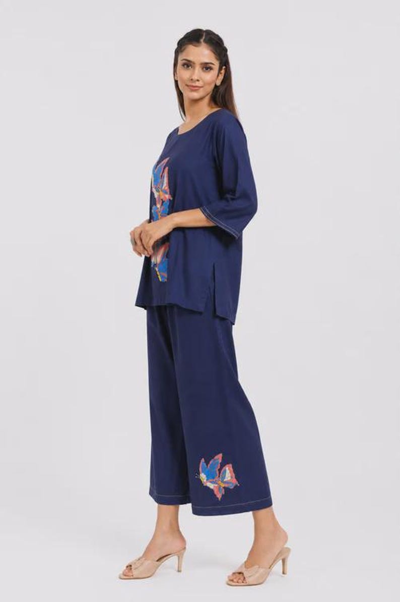 Navy Blue Mal Cotton Co Ord Set Hand Painted Butterfly