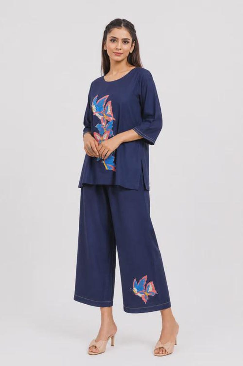 Navy Blue Mal Cotton Co Ord Set Abstract Floral Embroidery Top Pants