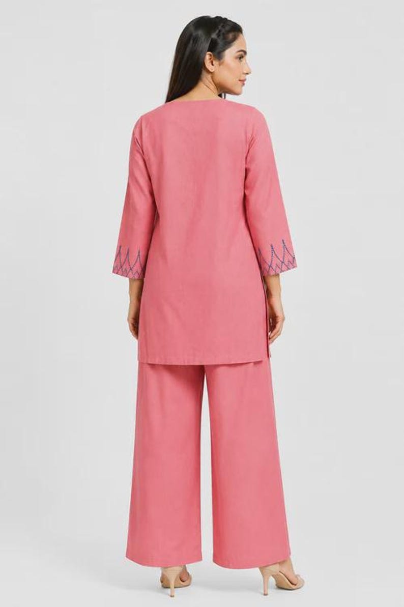 Coral Pink Mal Cotton Co Ord Set With Floral Embroidery