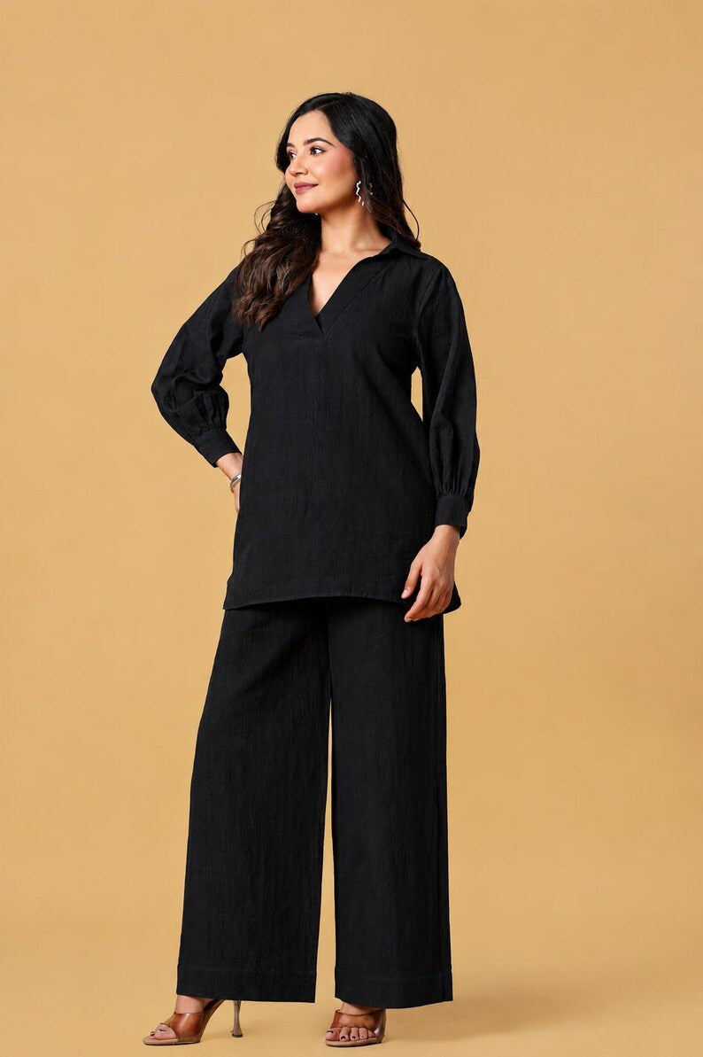 Brown Cotton Linen Tunic And Wide Leg Pants