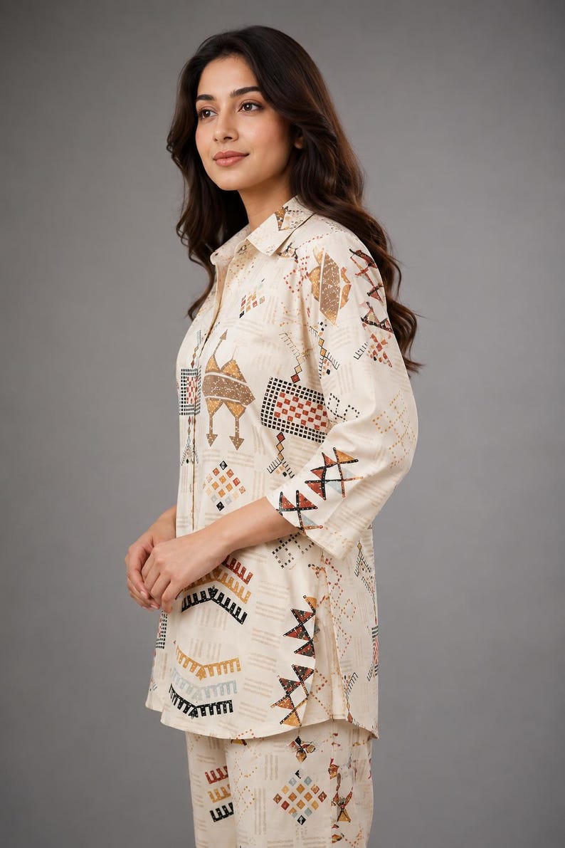 Beige Muslin Printed Co Ord Set For Women