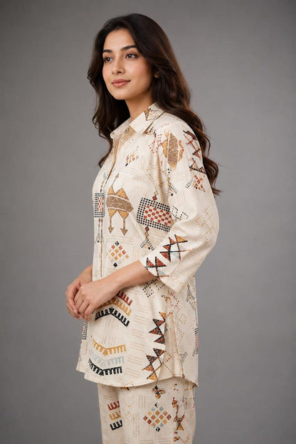Beige Muslin Printed Co Ord Set For Women