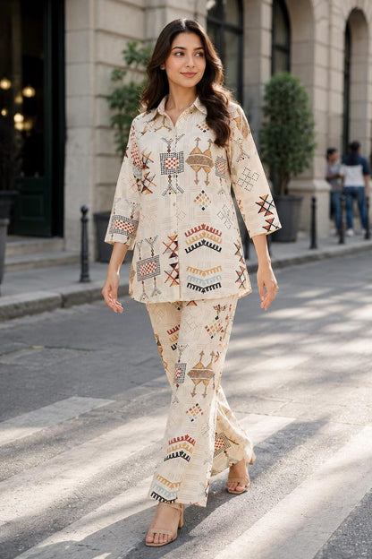 Beige Muslin Printed Co Ord Set For Women