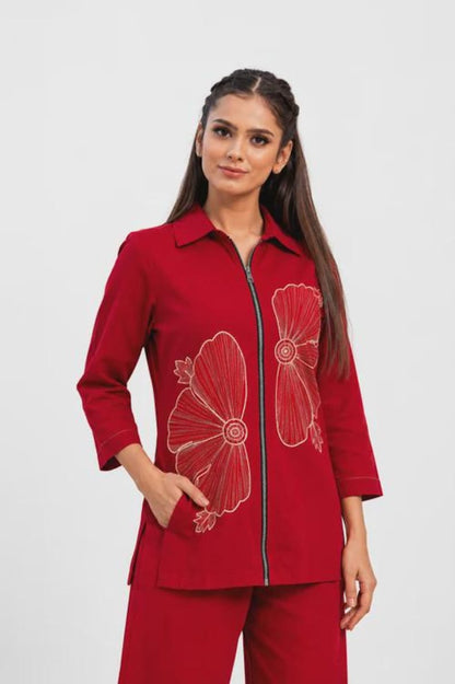 Red Cotton Co Ord Set With Abstract Print