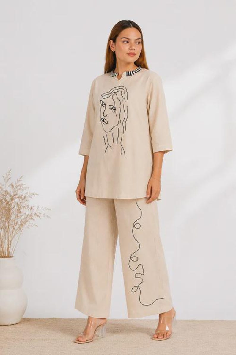 Linen Cotton Co Ord Set Abstract Face Embroidery