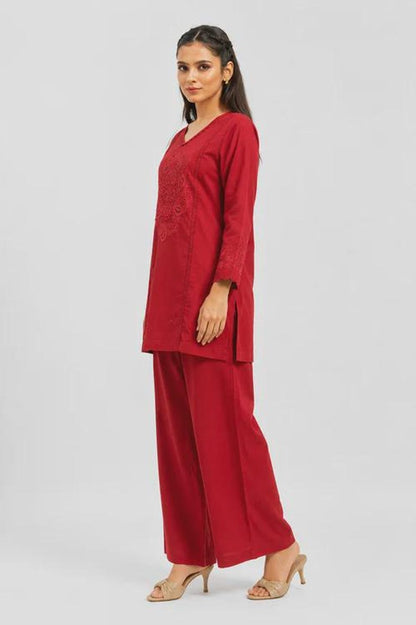 Wine Red Mal Cotton Co Ord Set With Floral Embroidery