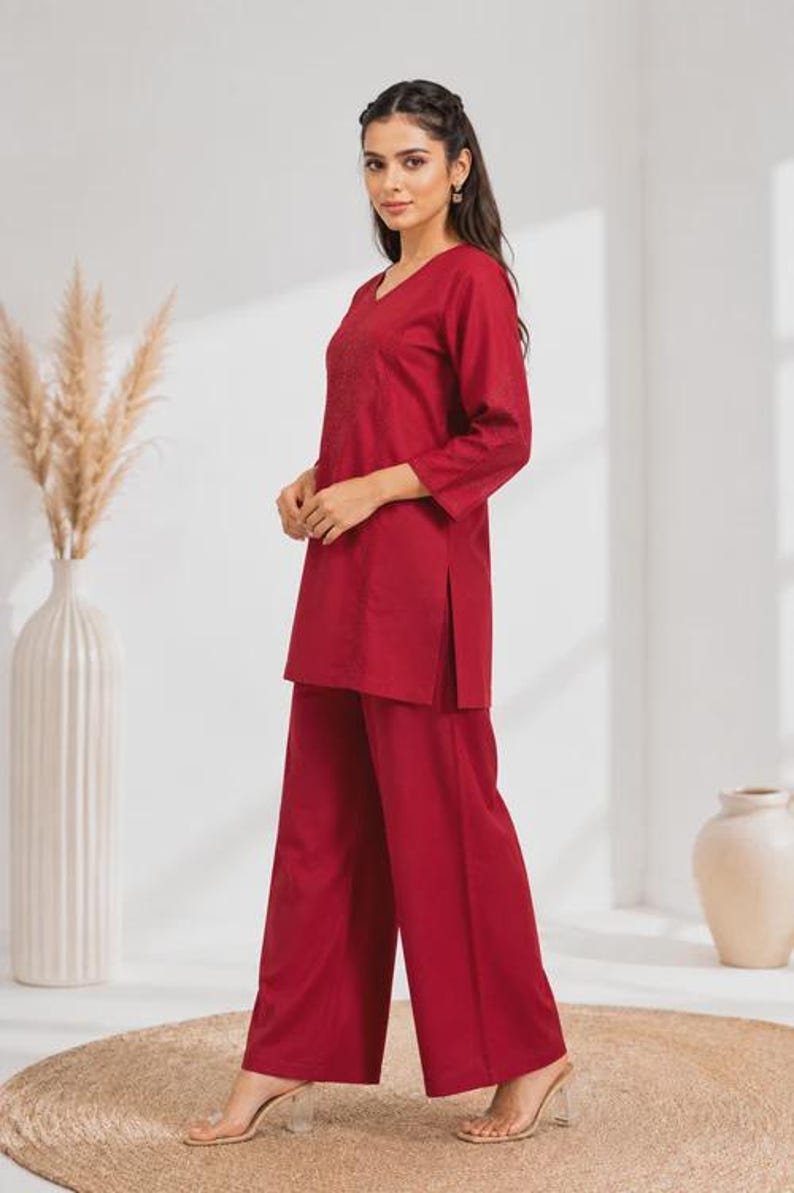 Wine Red Mal Cotton Co Ord Set With Floral Embroidery