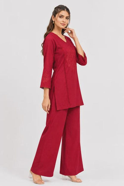Wine Red Mal Cotton Co Ord Set With Floral Embroidery