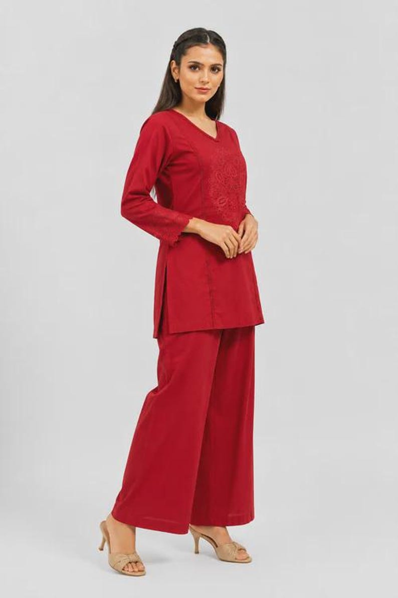 Wine Red Mal Cotton Co Ord Set With Floral Embroidery