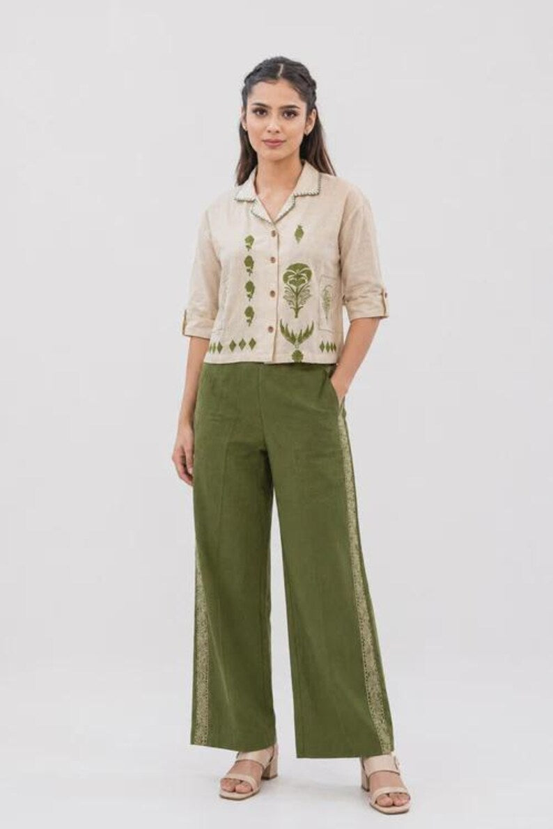 White Olive Linen Cotton Co Ord Set For Women