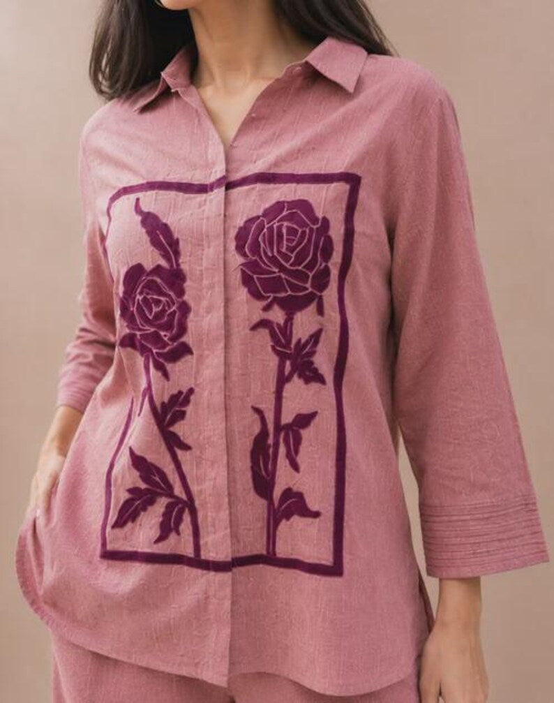 Onion Pink Jute Cotton Women Co Ord Set