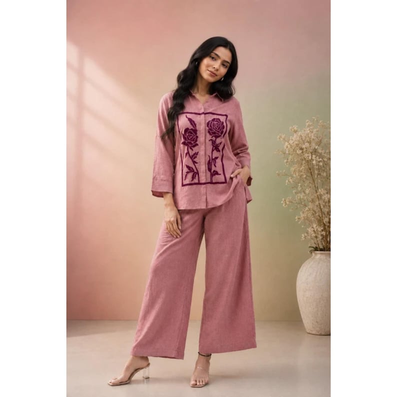 Onion Pink Jute Cotton Women Co Ord Set