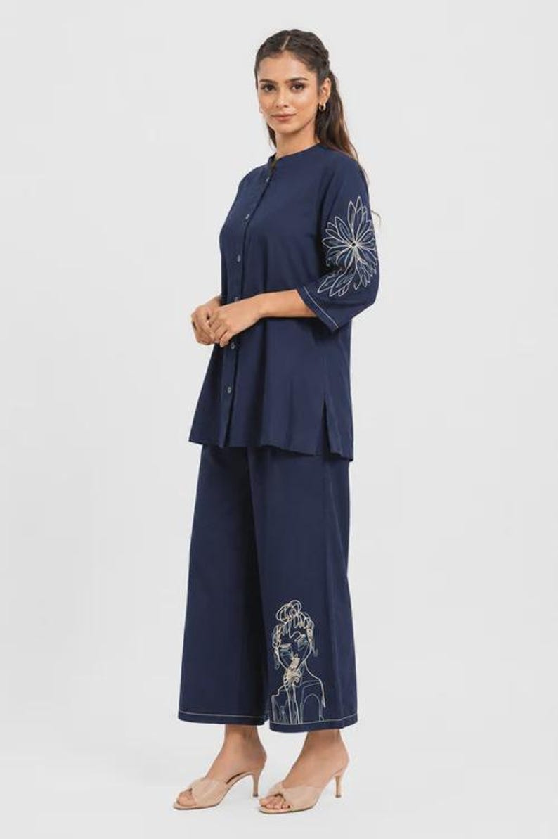 Navy Blue Mal Cotton Co Ord Set Abstract Floral Embroidery Top Pants