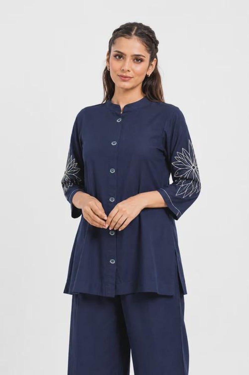 Navy Blue Mal Cotton Co Ord Set Abstract Floral Embroidery Top Pants