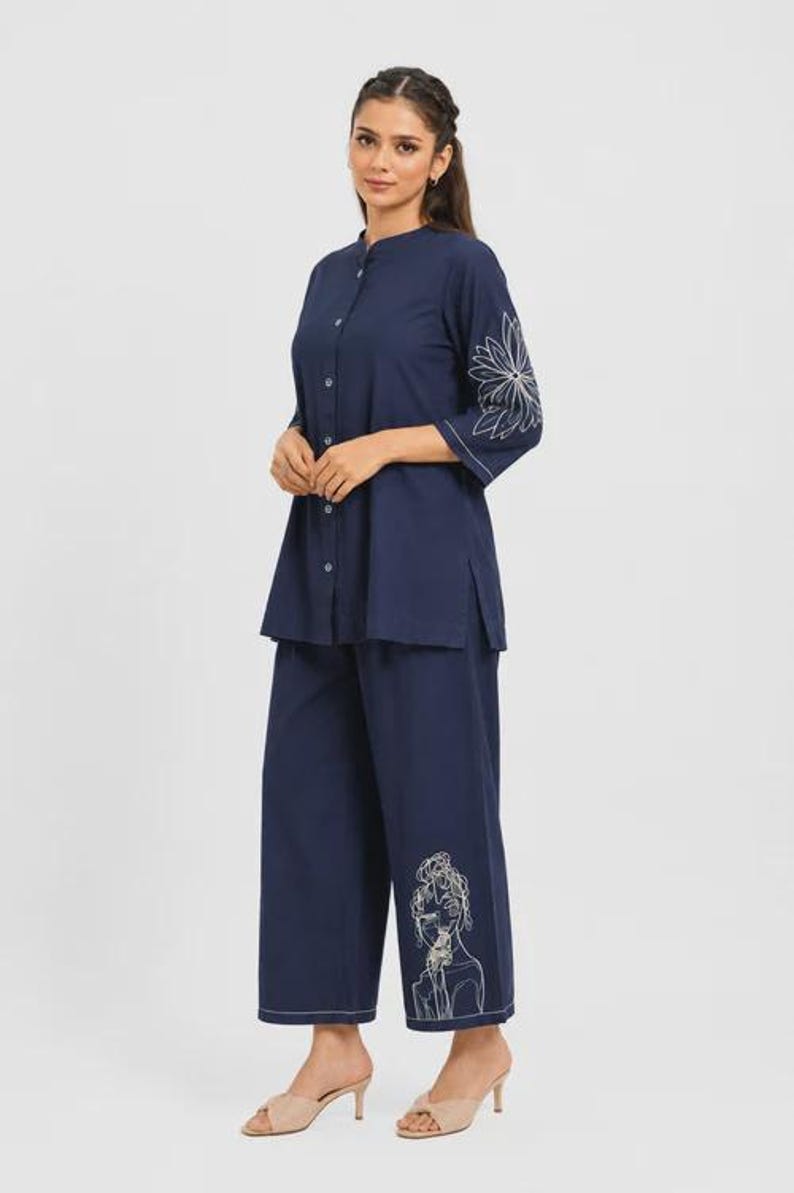 Navy Blue Mal Cotton Co Ord Set Abstract Floral Embroidery Top Pants