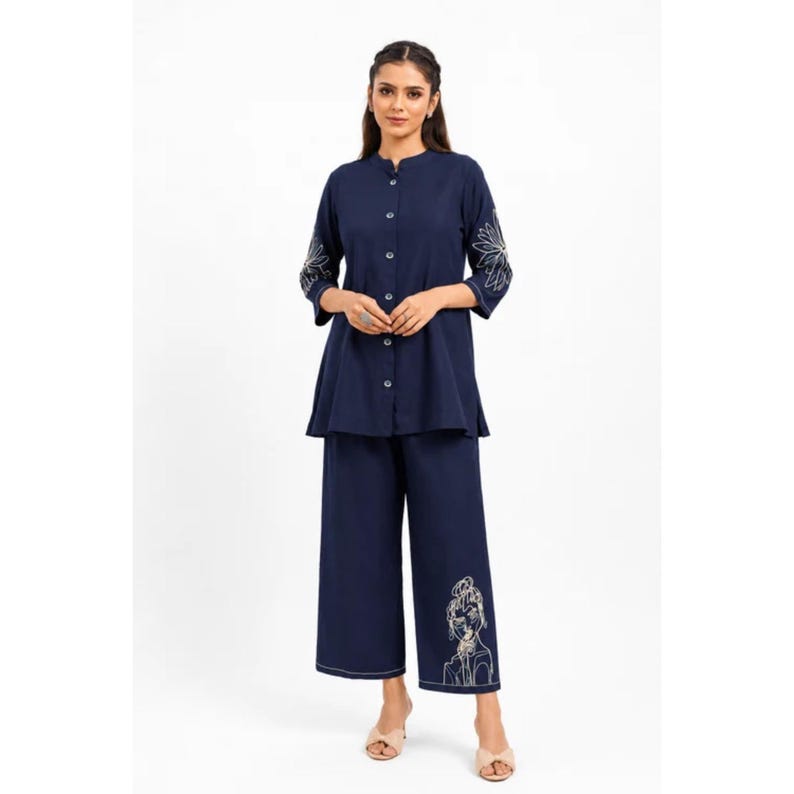 Navy Blue Mal Cotton Co Ord Set Abstract Floral Embroidery Top Pants