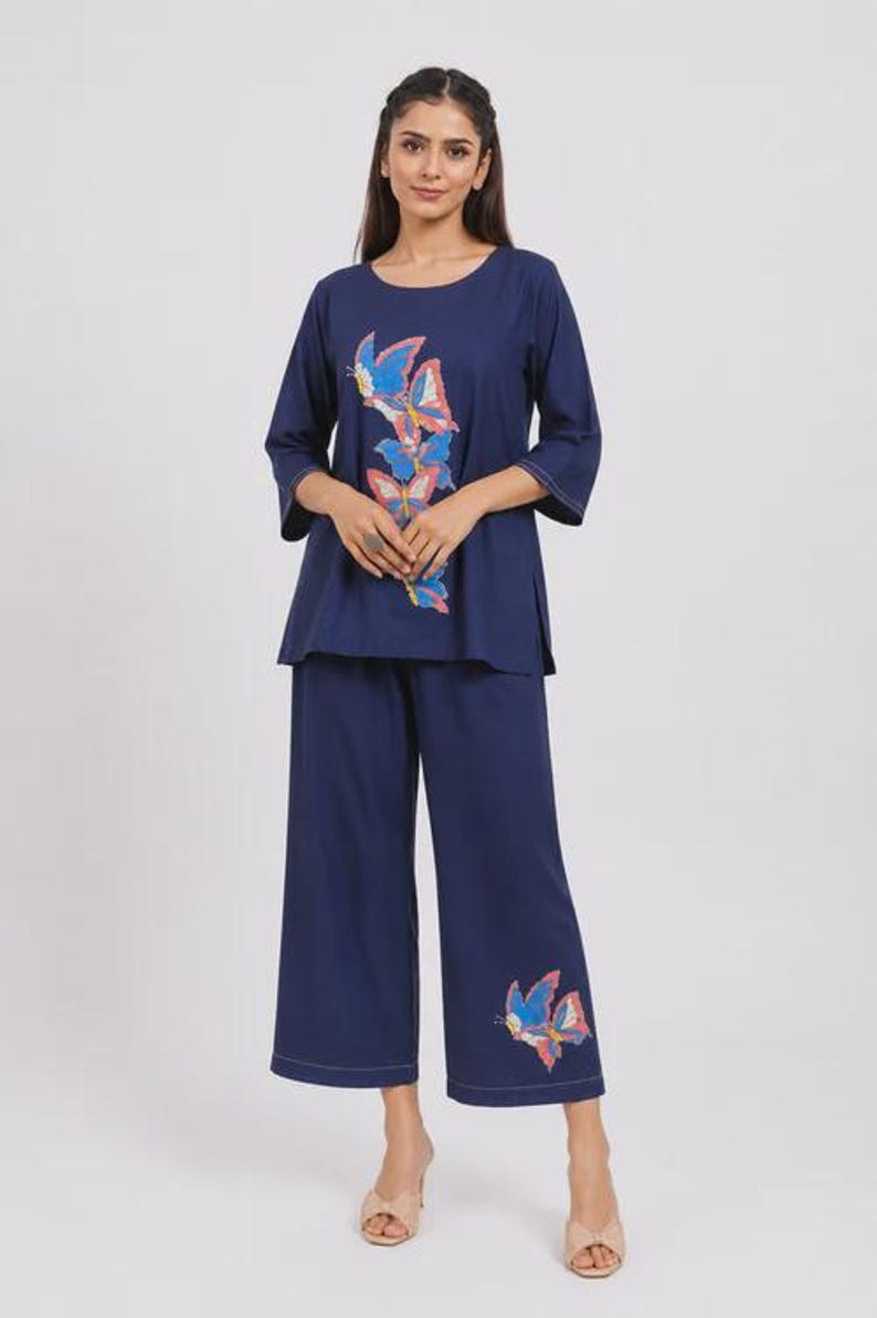 Navy Blue Mal Cotton Co Ord Set Hand Painted Butterfly