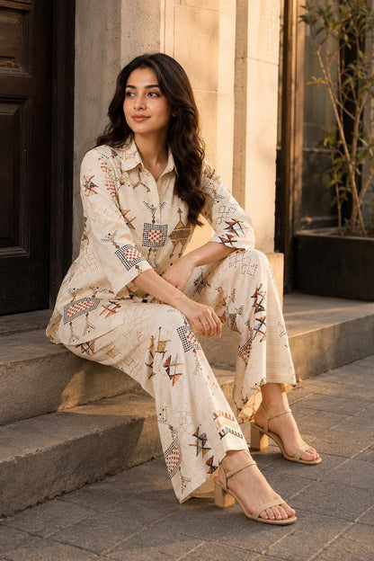 Beige Muslin Printed Co Ord Set For Women