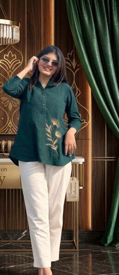 Brown Embroidered Cotton Kurti With White Pants