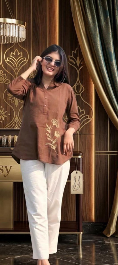 Brown Embroidered Cotton Kurti With White Pants