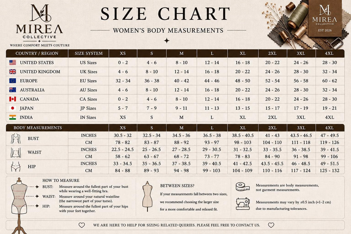 May include: A Mirea Collective size chart for body measurements, featuring a table with international sizing conversions for XS to 4XL. It includes bust, waist, and hip measurements in inches and centimeters, along with instructions on how to measure.