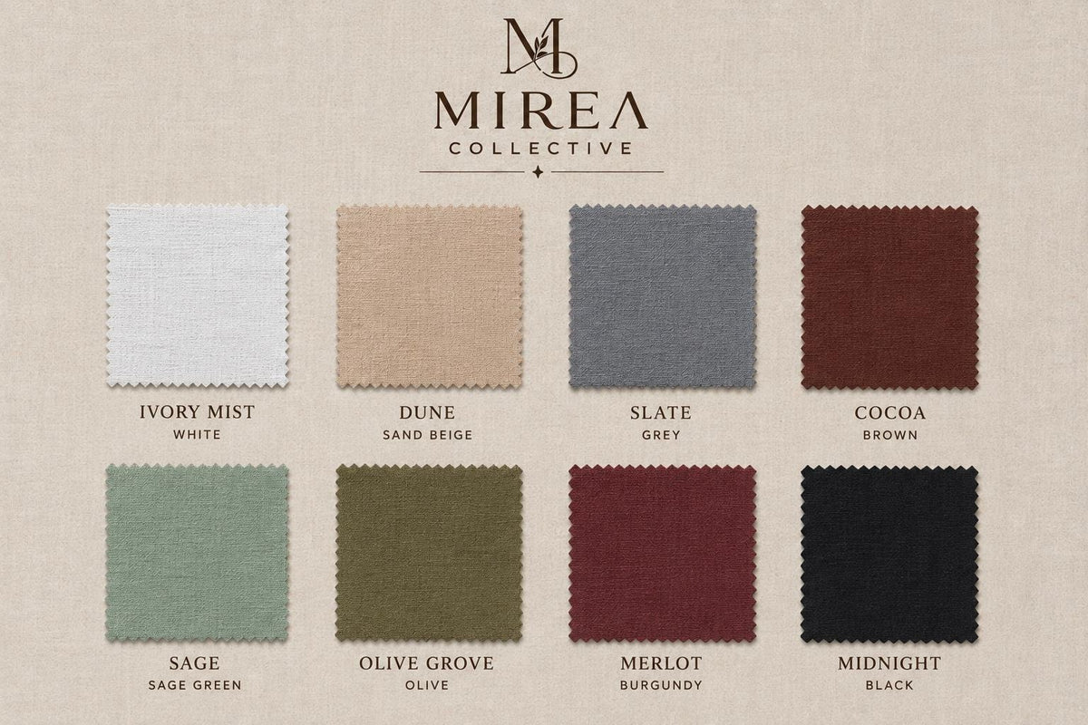 May include: A color chart from Mirea Collective featuring eight square fabric swatches with pinked edges. The colors are Ivory Mist white, Dune sand beige, Slate grey, Cocoa brown, Sage sage green, Olive Grove olive, Merlot burgundy, and Midnight black.