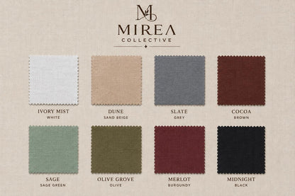 May include: A color chart from Mirea Collective featuring eight square fabric swatches with pinked edges. The colors are Ivory Mist white, Dune sand beige, Slate grey, Cocoa brown, Sage sage green, Olive Grove olive, Merlot burgundy, and Midnight black.