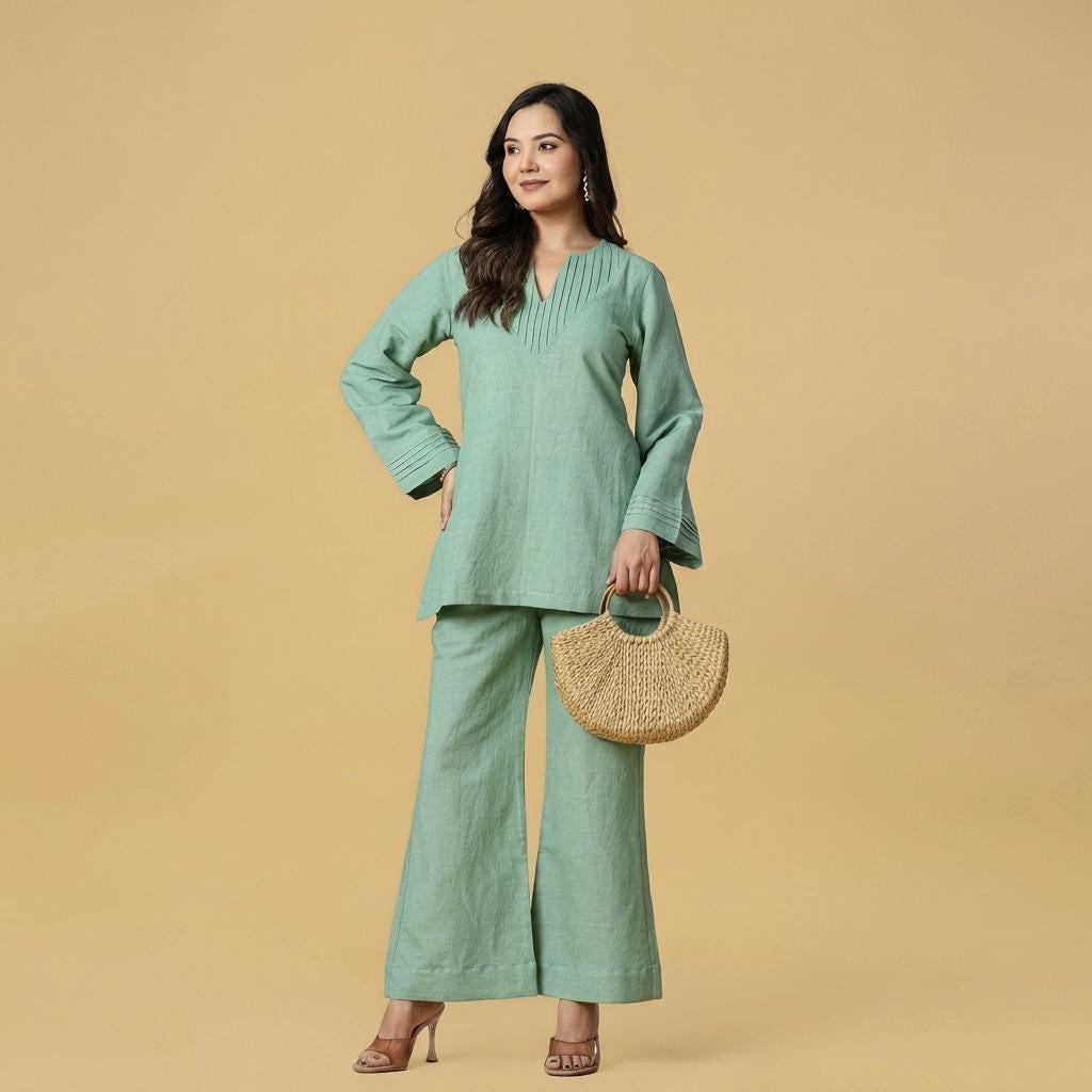 May include: A sage green long-sleeved tunic with vertical pleats at the neckline and matching wide-leg trousers. The outfit is paired with a semi-circular woven straw handbag featuring a rounded handle, creating a coordinated two-piece set.
