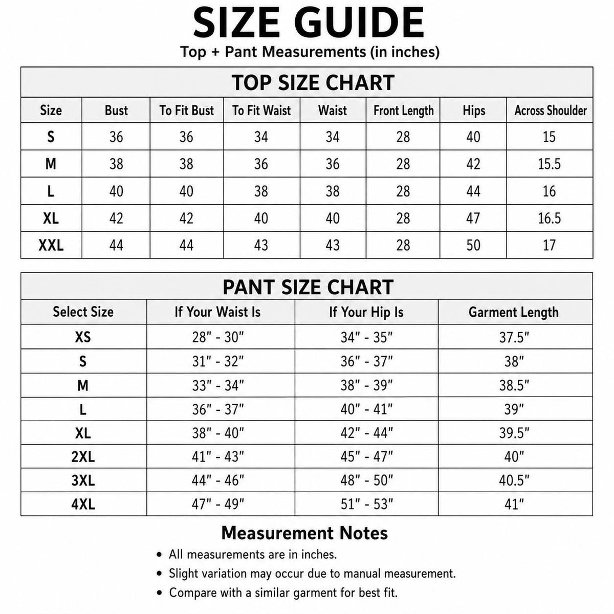 May include: A black and white size guide chart for tops and trousers with measurements in inches. The top chart lists sizes S through XXL with bust, waist, length, hip, and shoulder data. The trouser chart lists sizes XS through 4XL with waist, hip, and length ranges.