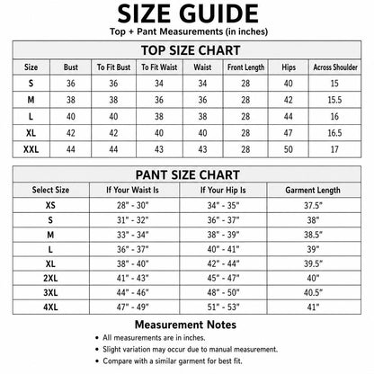 May include: A black and white size guide chart for tops and trousers with measurements in inches. The top chart lists sizes S through XXL with bust, waist, length, hip, and shoulder data. The trouser chart lists sizes XS through 4XL with waist, hip, and length ranges.