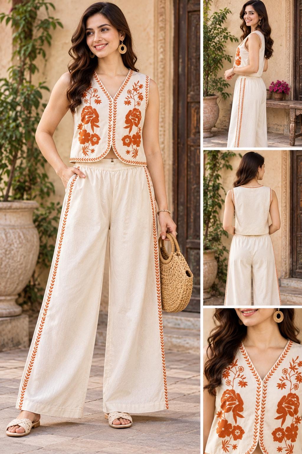 May include: A sleeveless cream-coloured top with a V-neckline and orange floral embroidery paired with matching wide-leg trousers featuring orange side-stripe detailing. The set includes a cropped vest-style top and high-waisted trousers.