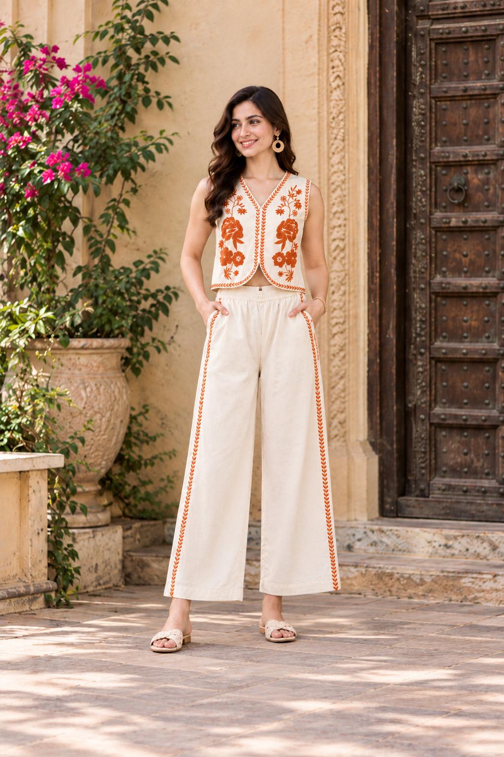 May include: A sleeveless cream-coloured vest featuring orange floral embroidery along the front edges, paired with matching wide-leg trousers that have a vertical orange embroidered stripe down each side and two side pockets.