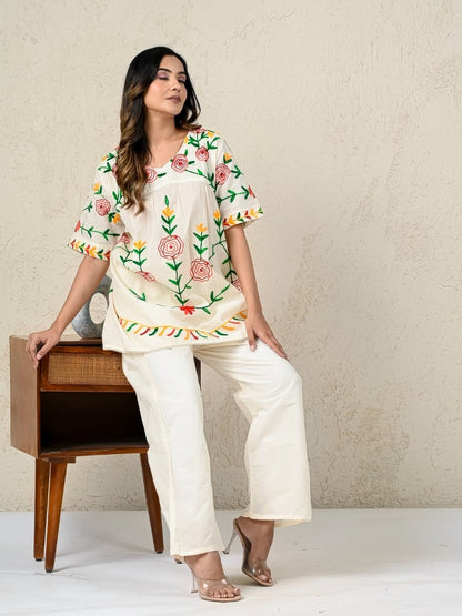 Women Embroidered Co-Ord set, Floral two-piece Top and Pant Set|406243583211