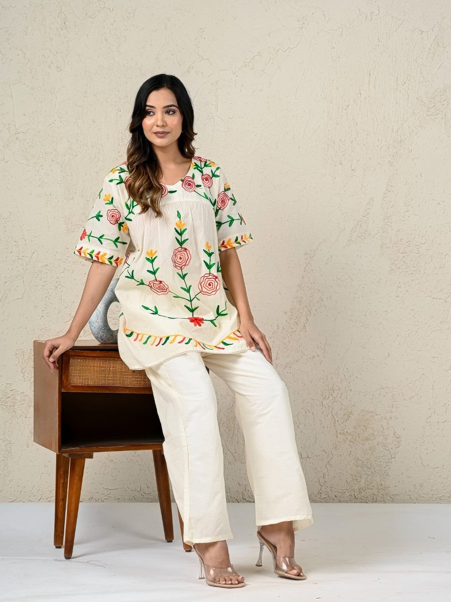 Women Embroidered Co-Ord set, Floral two-piece Top and Pant Set|406243583211