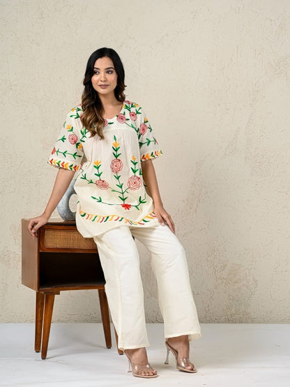 Women Embroidered Co-Ord set, Floral two-piece Top and Pant Set|406243583211