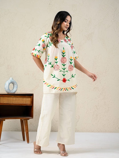 Women Embroidered Co-Ord set, Floral two-piece Top and Pant Set|406243583211