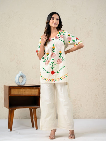 Women Embroidered Co-Ord set, Floral two-piece Top and Pant Set|406243583211