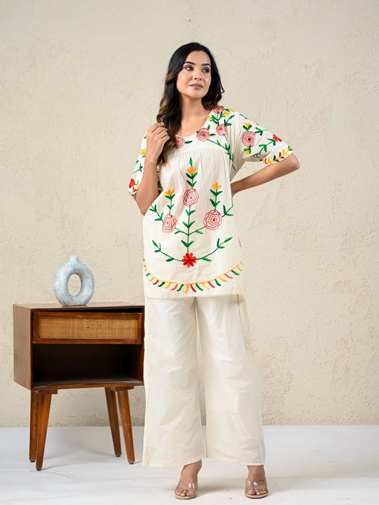 Women Embroidered Co-Ord set, Floral two-piece Top and Pant Set|406243583211